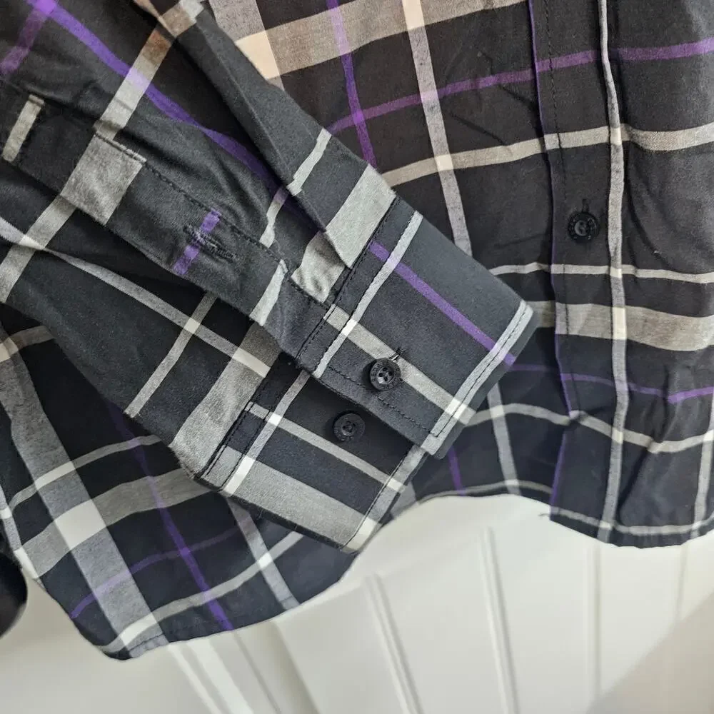 Red Ape Premium Button Down Shirt Mens 2XL Black Purple Plaid Long Sleeve